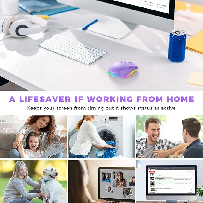 PEIOUS Wireless Mouse Jiggler - LED Wireless Mice with Build-in Mouse Mover, Rechargeable Moving Mouse for Laptop with Undetectable Random Movement Keeps Computers Awake - Purple