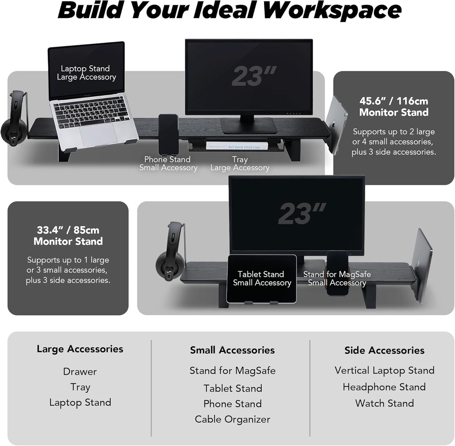 Moodular Wooden Monitor Stand 33.4” (85cm) Desk Organizer with Metal Slide Rails for Drawer, Tray, Laptop, Tablet, Phone & Headphones Customizable Riser for Organized Workspace Black MS85-B