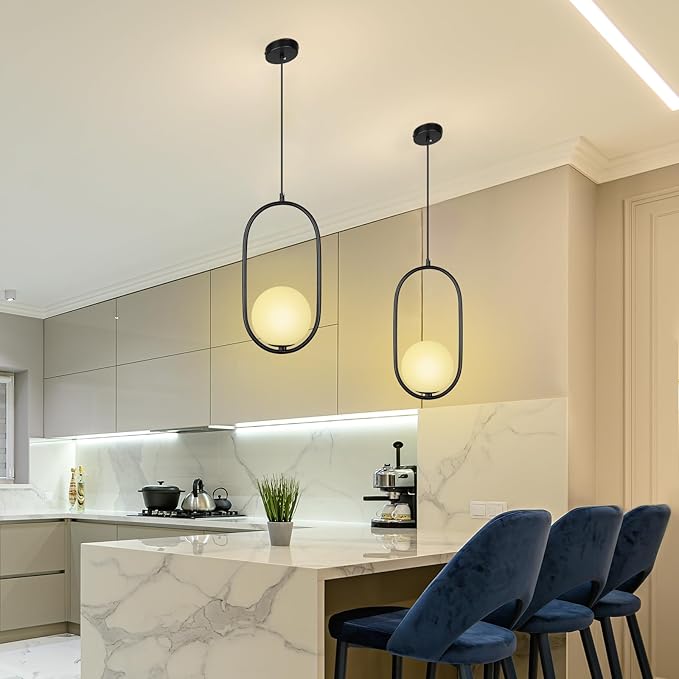 lobolighting Modern Pendant Lighting, 2 Pack Black Pendant Light Fixtures Adjustable Height Mid Century Chandelier, Frosted Glass Globe Single Hanging Light for Kitchen Island Dining Room Bedroom
