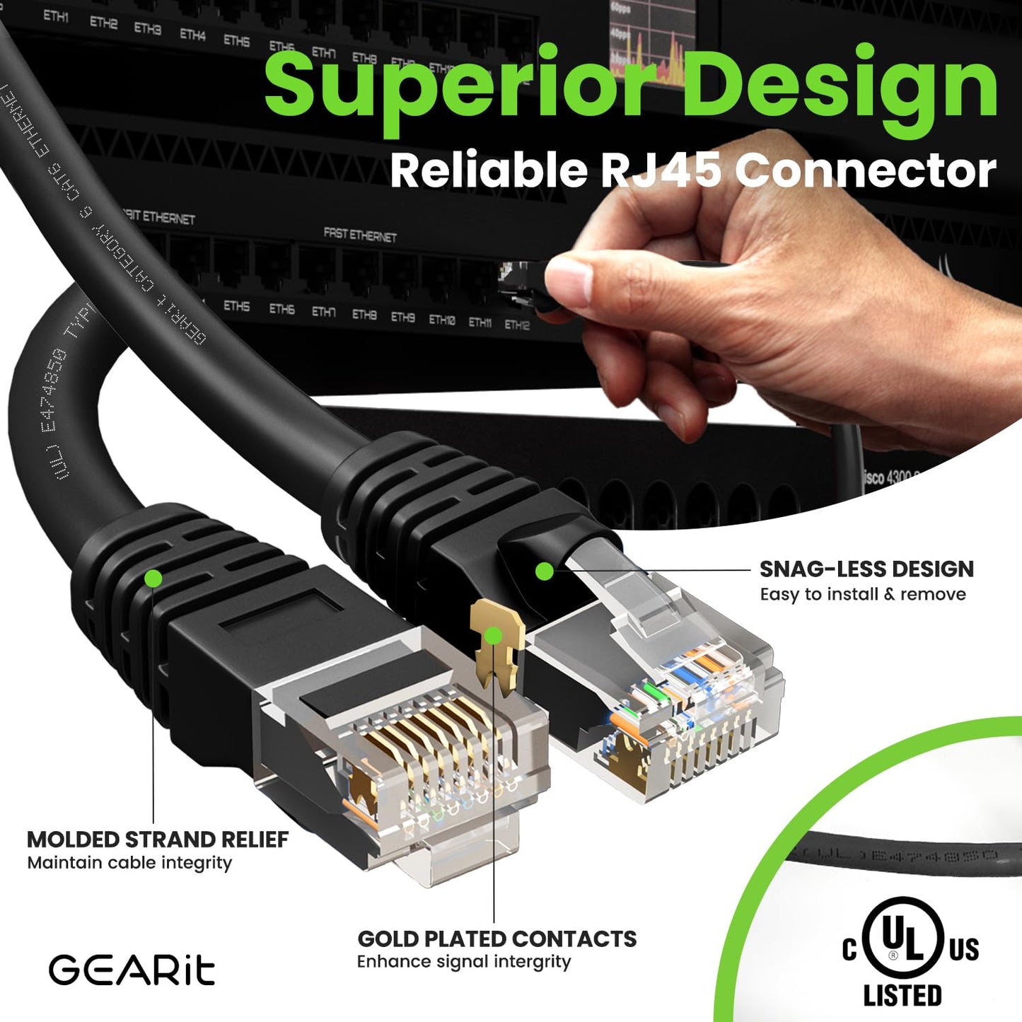 GEARit Cat 6 Ethernet Cable Pack - 24-Pack 5 ft Cat6 Ethernet Patch Cables | RJ45 Network Patch Cable, 10 Gbps Snagless Gold-Plated Connectors - Ethernet Cable Cat 6 for PC, TV, Router - Black
