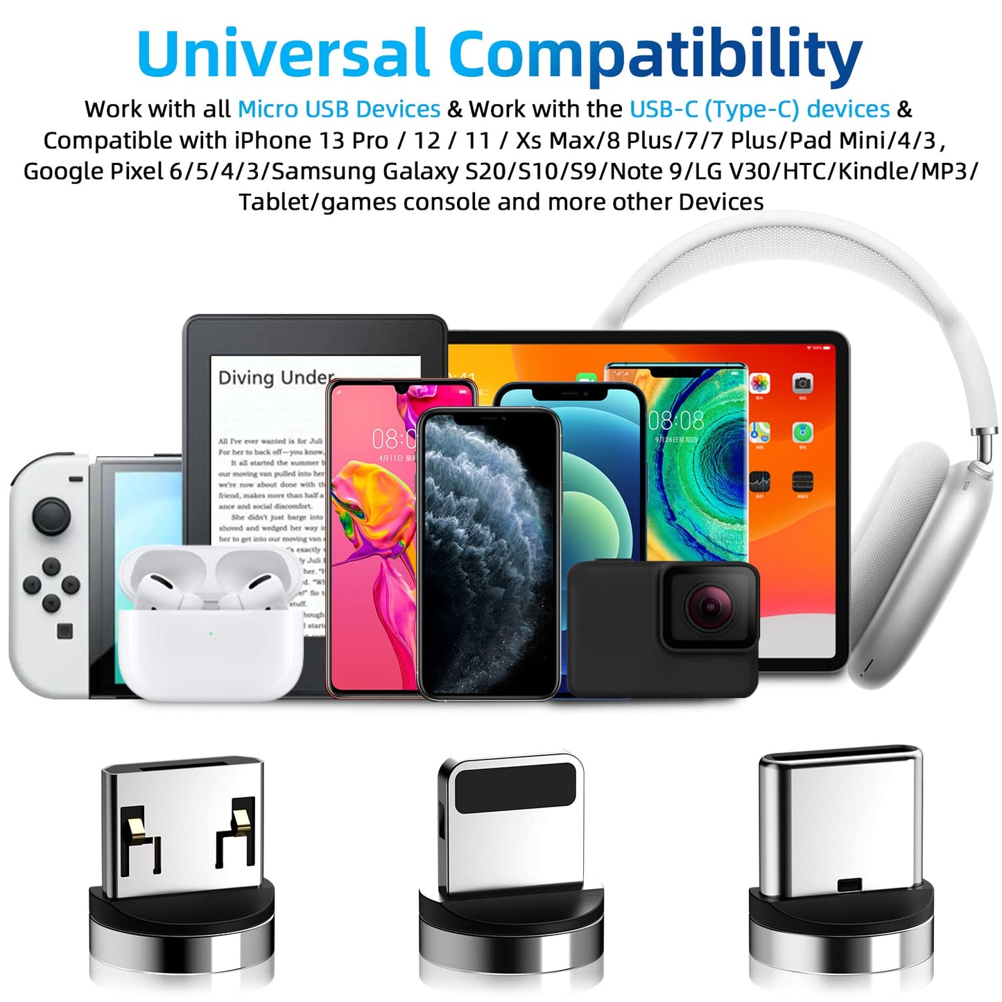 540 Rotation Magnetic Charging Cable, 3 in 1 Phone Charger [4-Pack, 3ft/3ft/6ft/10ft] 3A Fast Charging & Data Transfer Cable for i-P/Micro USB/Type C Device - Red