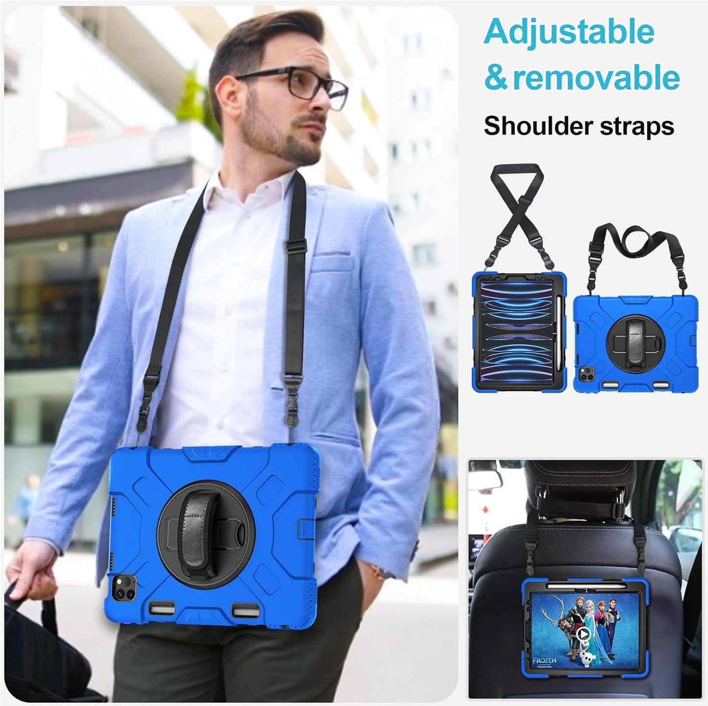 Case for iPad Pro 11 Inch 2022/2021/ 2020/2018: Silicone Cover for iPad 11 Inch 4th/ 3rd/ 2nd/ 1st/ Generation with Screen Protector- Stand- Handle- Shoulder Strap- Pencil Holder- Blue