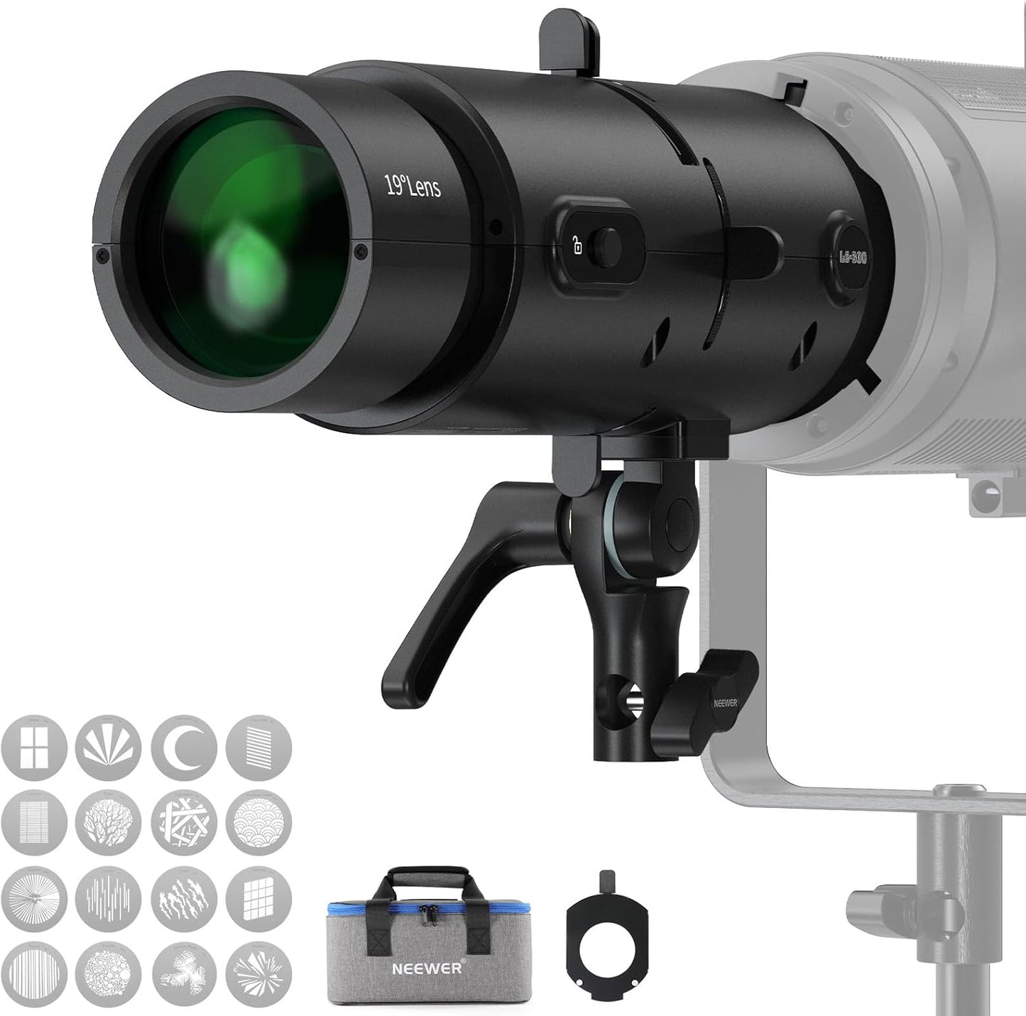 NEEWER LS-300 Spotlight Optical Snoot for 300W Bowens Mount LED Video Lights with 16x GOBO 19° Projection Lens 98% Light Transmittance Geometric Shaper for Creative Photography & Enhanced Illuminance