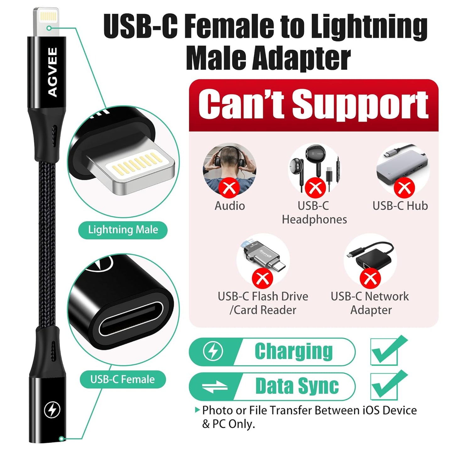 AGVEE 2 Pack 4 inch USB-C Female to Lightning Male Adapter, 30W Fast Charging Charger Converter for iPhone 14 13 12 11 Airpods iOS Device Carplay, Not for Audio, Black