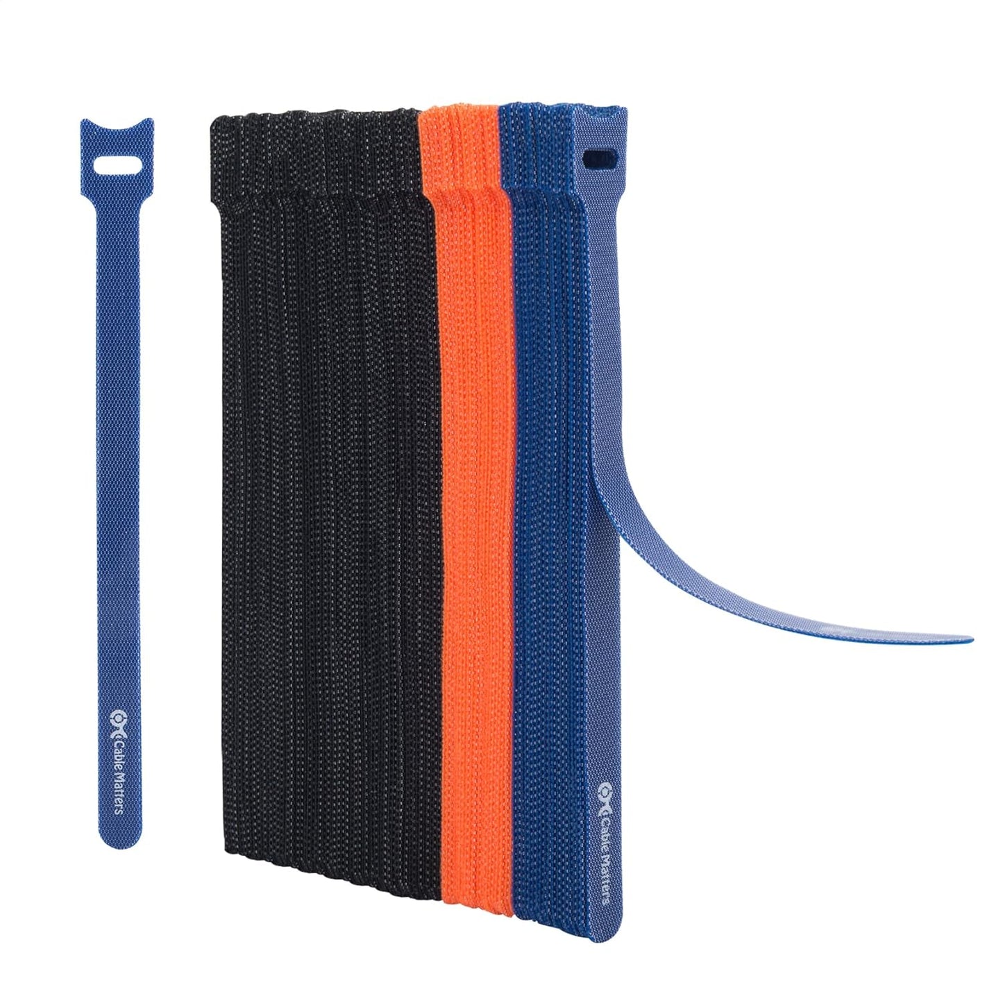 Cable Matters 100-Pack 8-inch Hook-and-Loop Reusable Wire Ties/Cable Ties with 42 lbs Tensile Strength - Multi-Color Black, Blue, and Orange Cord Wrap, ZipTies, Cable Management Straps