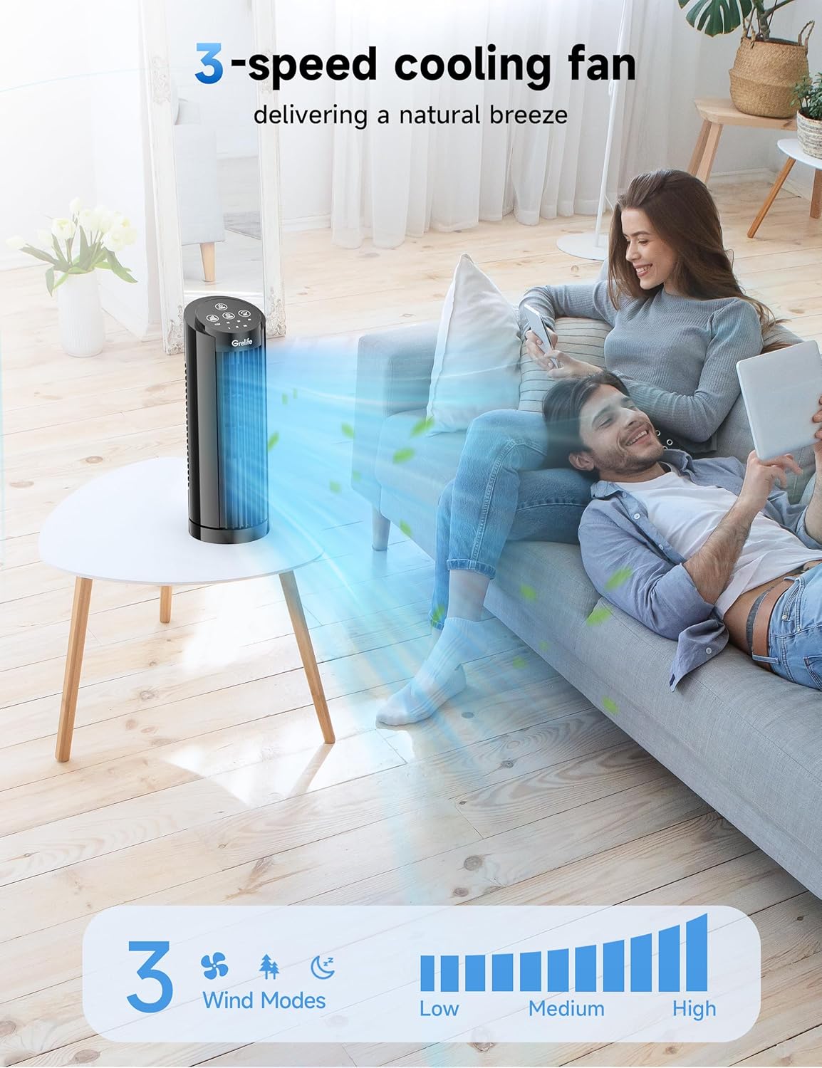 Grelife Tower Fan, Quiet Fans with Remote, for Bedroom, Living Room, Office, Tower Fan with Remote, 3 Speed Settings and Auto-off Timer, Compact Desktop Fan