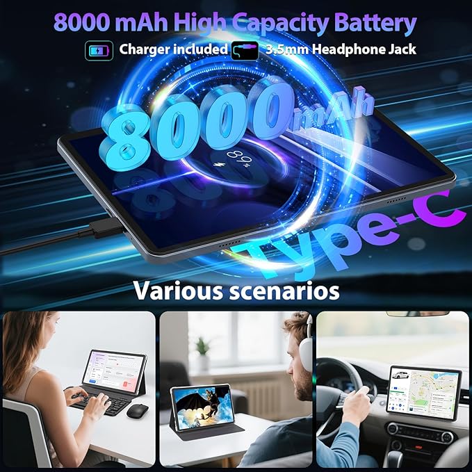 Android 15 Tablet with Keyboard, 26GB RAM, 256GB ROM(2TB Expand), 10 inch tablet with Octa-core, 8000mAh Battery, 2.4G/5G WiFi, BT 5.0, 5MP+13MP Camera, Gemini AI, Case, Mouse, Stylus (Silver Case)
