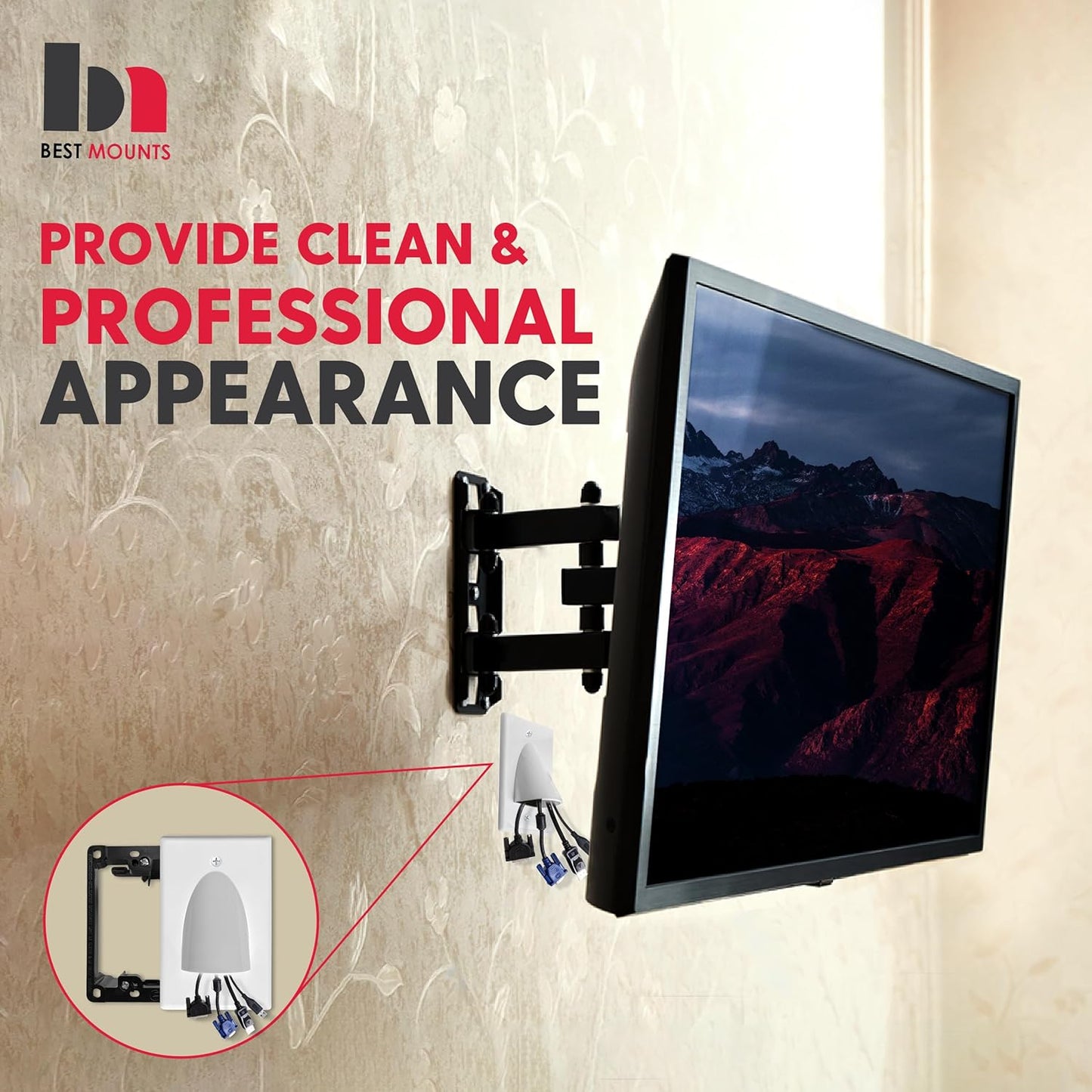 BestMounts - 1 Pack In Wall Cable Management Kit - Recessed Wall Plate Cable Pass Through Pair with Single Gang Low Voltage Mounting Bracket - TV Cord Hider for Wall Mounted TV ETL Listed