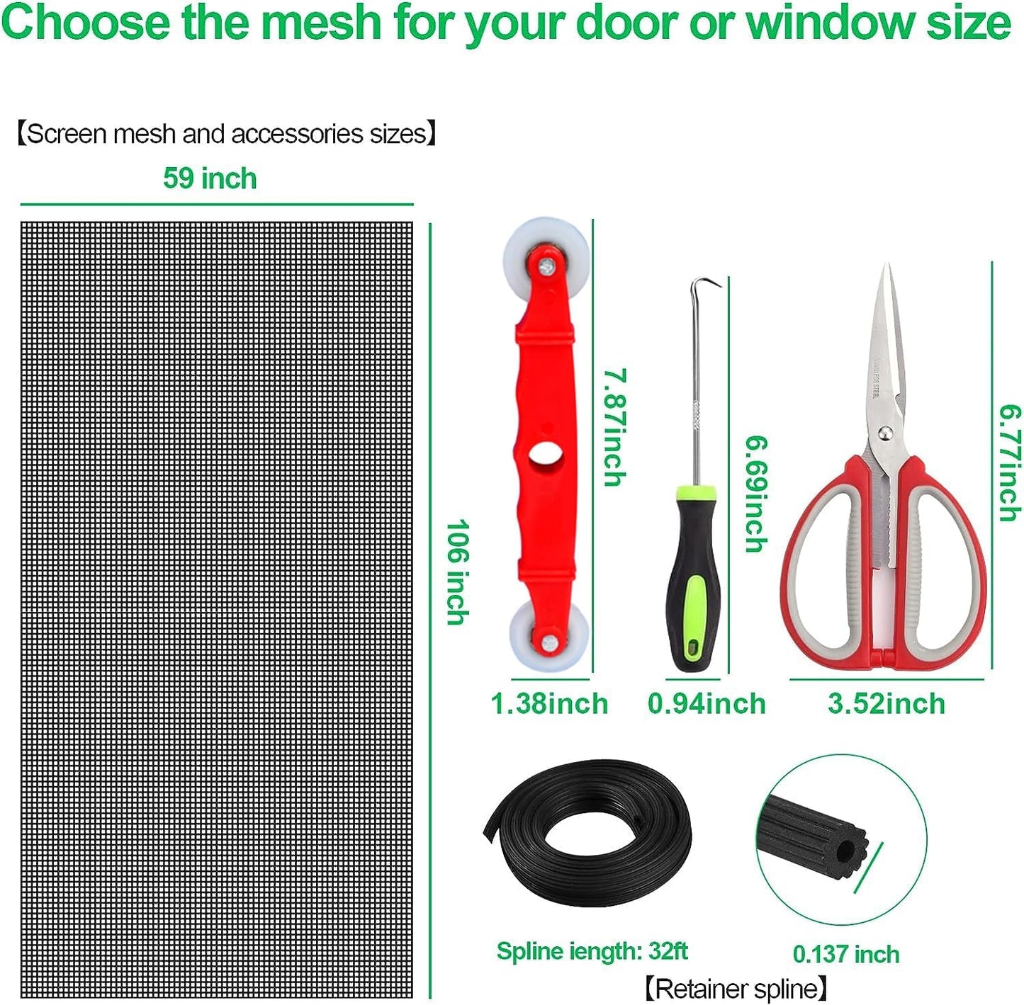 QWR Pet Proof Window Screens and Screen Door Replacement Kit, 59"x106" Durable High Hardness Vinyl Coated Polyester-Like Screen Repair Kit for Sliding Screen Door,Patio and Windows.(Folded Package)