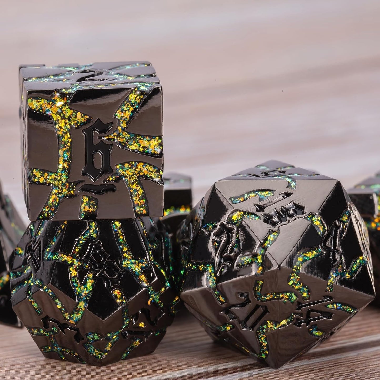 7PCS DND Dice Set,Metalli Crack Stripe Dice Set with Gift BOC,Dungeons and Dragons Polyhedral Metal Dice for RPG Board Games (Black Nickel Yellow)