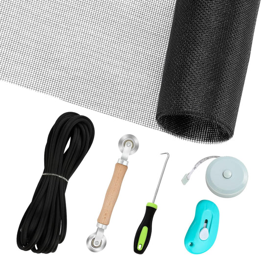 Windows Screen Replacement and Screen Door Repair Kit, 6Pcs Window Screen Fiberglass Mesh Kit - Window Screen & Screen Door Mesh & Screen Porch Repair Kit (Black, 48" x 118")
