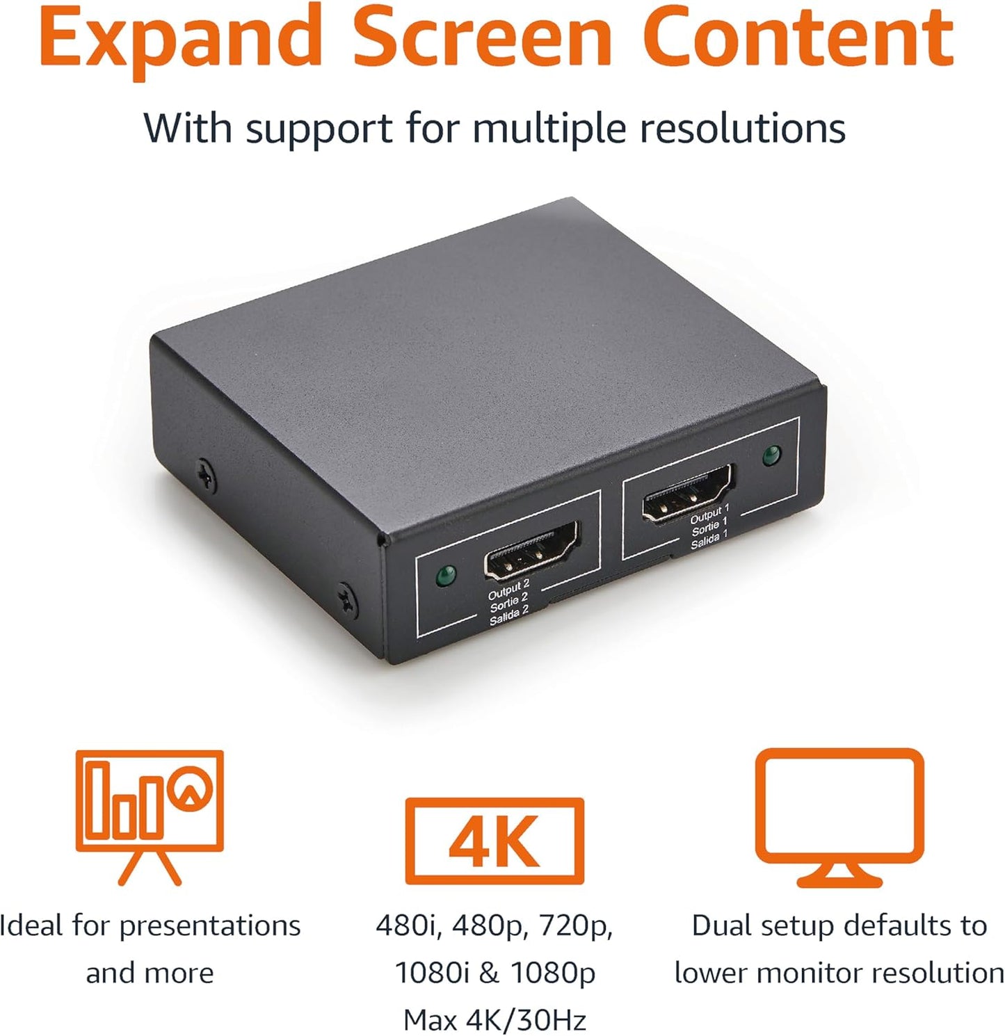 Amazon Basics HDMI Splitter 1 in 2 Out, 4K@30Hz for Dual Monitors, Mirror Only, Black