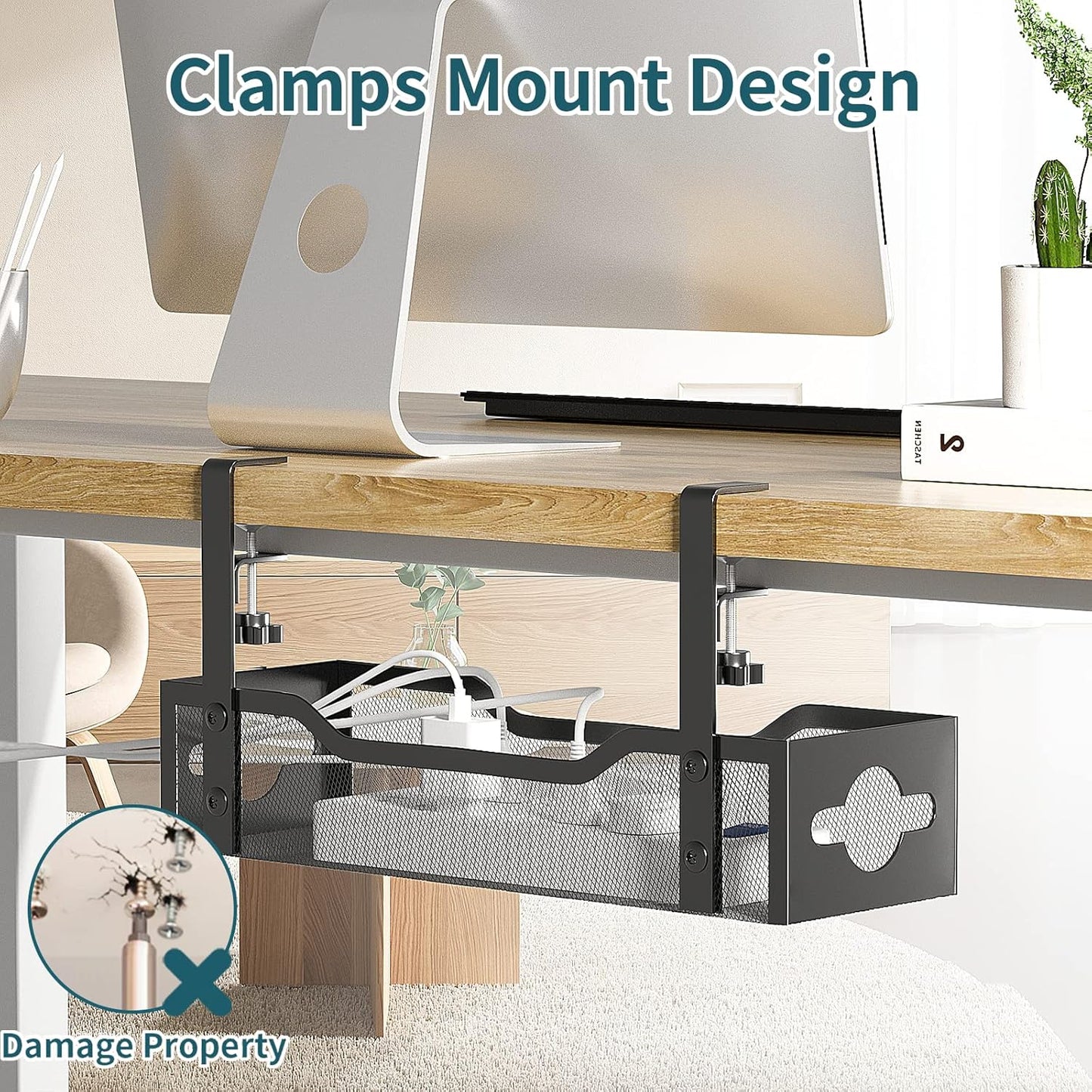 Litwaro Under Desk Cable Management Tray 2 Pack, No Drill, Organizer with Clamp Easy to Install for Standing Cord Organizer, Wire Damage Desk, Black, 13.38''-2 pack