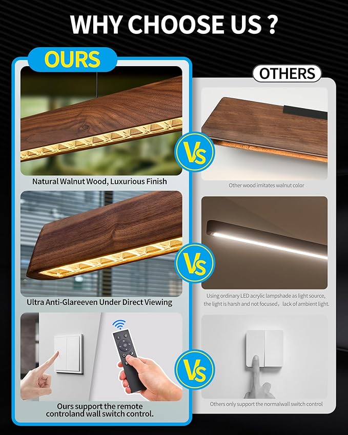 45" Wood Linear Pendant Light, Dimmable Kitchen Island Lighting with Remote, 30W LED Island Lights for Kitchen, Adjustable Linear Chandelier for Dinning Room Light Fixture, Bar, Pool Table - Walnut