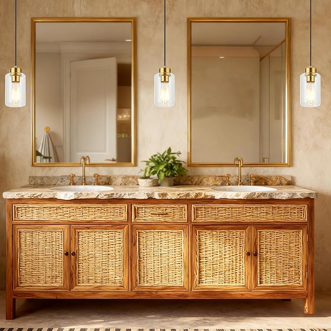 Hanging Kitchen Lights Over Island Burshed Brass with Clear Glass Shade, 3 Pack Small Chandelier Farmhouse Pendant Light for Kitchen Island Dining Room Hallway