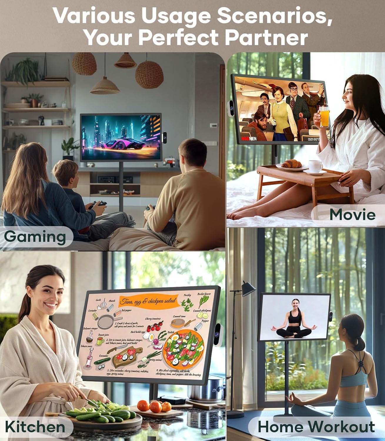 Cozyla Mate 32 Inch Mobile Portable TV Stand on Wheels Support Google Store Full Swivel Rotation Portable Touch Screen Monitor Built-in Battery Smart Rolling Tablet TV 4K Camera Remote Control Black