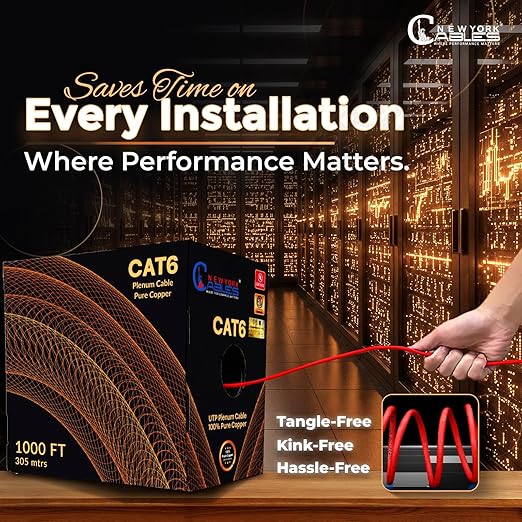 NewYork Cables | CAT6 Plenum Cable 1000ft UL/ETL Listed, 100% Pure Copper, UTP, 550MHz, 23AWG, 4Pair 10GB Ethernet Cable | Certified CMP-Rated Fire-Resistant (1000ft, Pure Copper UL Listed, Red)