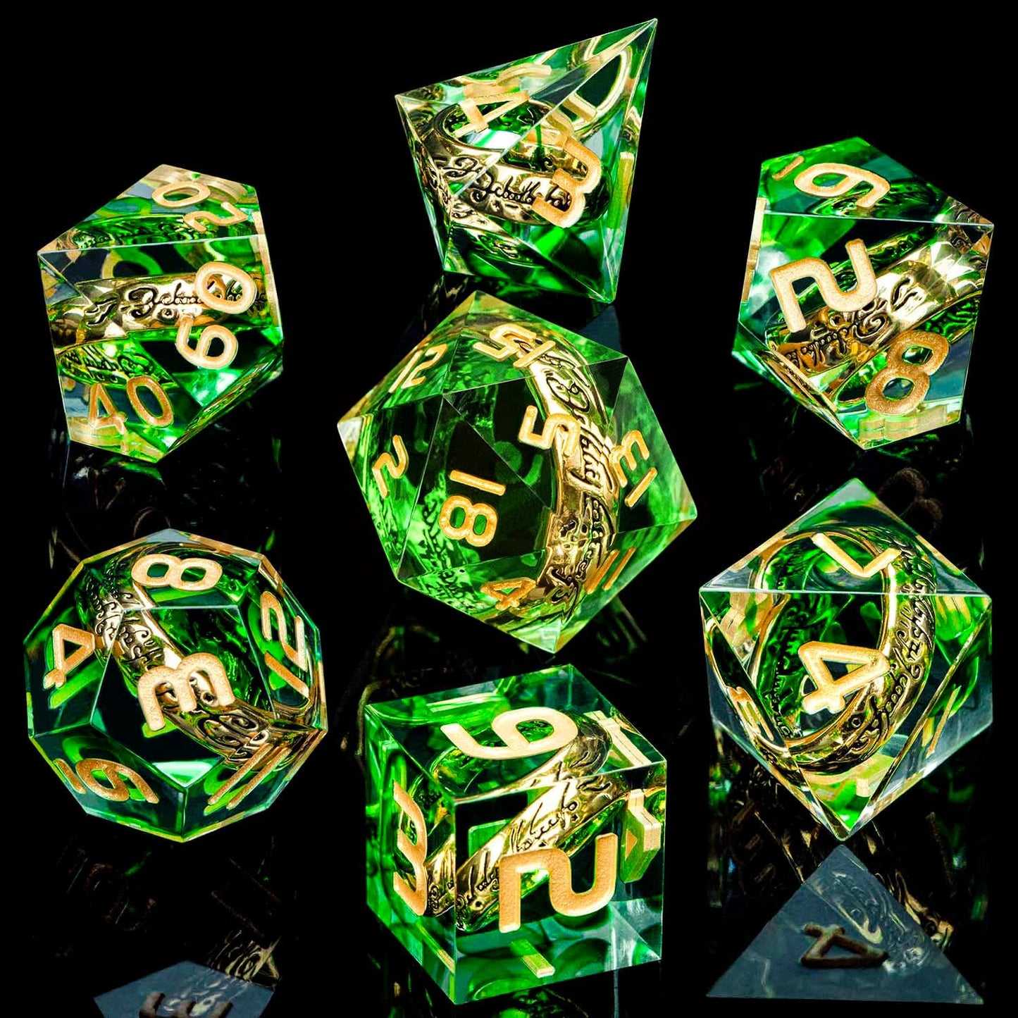 Magic Golden Ring DND Dice with Box, Green Sharp Edge Handmade D and D Polyhedral Dice for use with D&D Tabletop Games RPG, Lord Resin Dice D20 D12 D10 D8 D6 D4