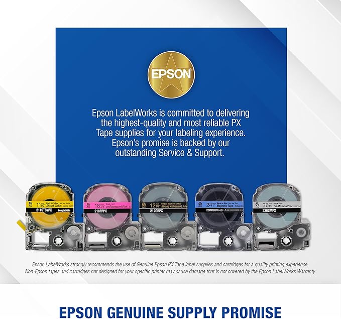 Epson LABELWORKS 212VTBWPX Genuine Tape Cartridge - Black on White Flexible and Durable Vinyl Industrial Label Maker Tape - 1/2" (12MM) Wide, 22.9 ft