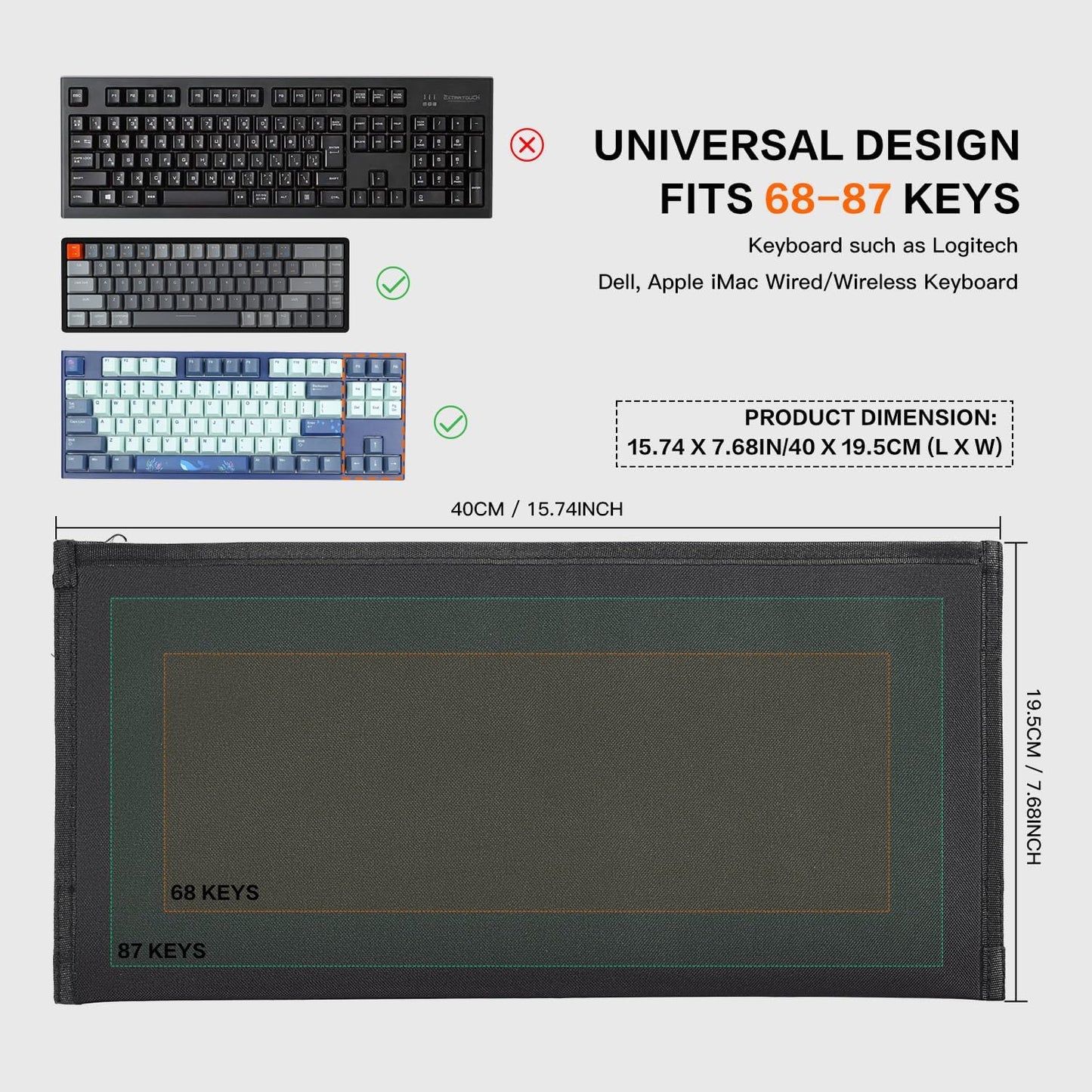 Computer Keyboard Dust Cover Sleeve Bag for Universal Keyboard, 68-87 Keys Wireless/Wired Gaming PC Keyboard Dust Cover, Logitech/Dell/Corsair/Havit/Redragon/Arteck/Apple Keyboard Protector-Black