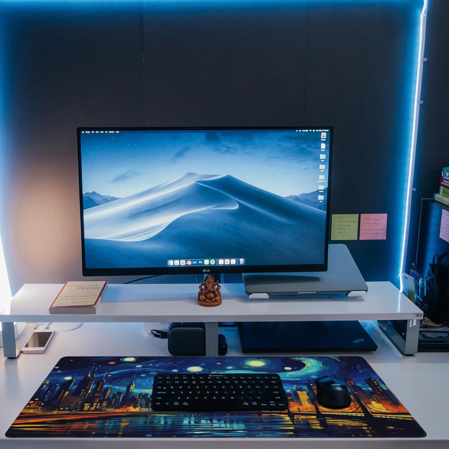 Desk Pad,City Starry Night Desk Mat,Abstract Oil Painting Large Gaming Mouse Pad for Desk,Extended Big Computer Keyboard Mouse Pad with Non-Slip Base and Stitched Edge,35.4"x15.7"