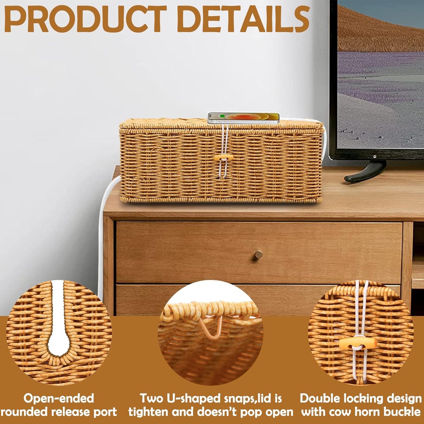 2PCS Cable Management Box, Handmade Rattan Cable Organizer, Open Slots Cords Hider Box, Under Desk Cord Organizer for Computer Router USB Hub & Power Strip