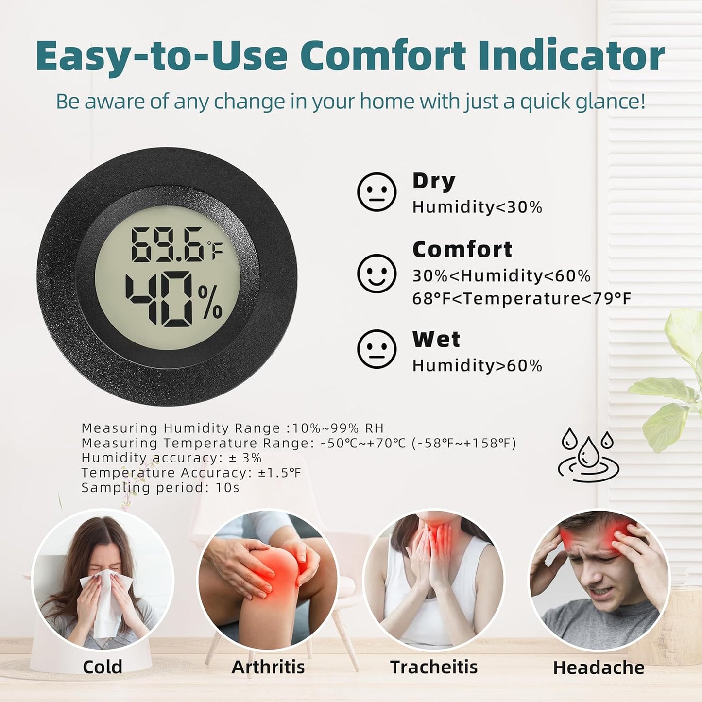 Mini Hygrometer Indoor/Outdoor Humidity Meter Hygrometer Thermometers 4 Pack Humidity Meters Gauge Mini Digital Thermometer for Humidors, Greenhouse, Garden, Cellar (4)