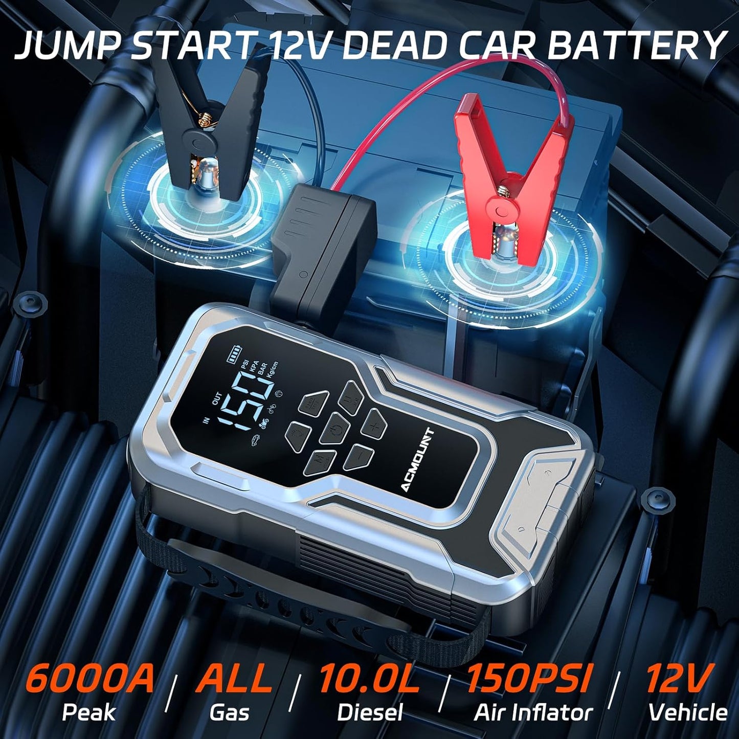 Jump Starter with Air Compressor, 6000A Car Battery Jump Starter (All Gas/10.0L Diesel), 150PSI Tire Inflator, 12V Jumper Pack with LCD Display & LED Light, Portable Air Pump, 21800mAh Battery