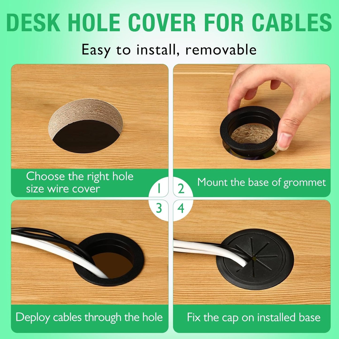 5 Pcs Desk Grommet 2-3/8" / 60 mm, Desk Hole Cover for Cables Black, Cable Grommet ABS Plastic, Desk Hole Grommet for Home & Office Pc, Detachable Cable Cord Organizer