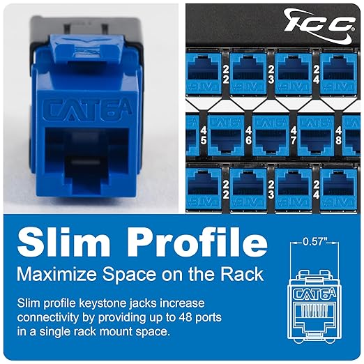 ICC CAT6A Keystone Jack with Slim Profile 180 Degree Punch Down, 10Gbps RJ45 UL Listed PoE++ TAA Compliant for Wall Plate or Patch Panel, Works with JackEasy Termination Tool, Black