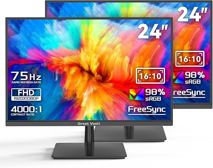 2pack-23.8 Inch Gaming Monitor, 75Hz/FHD(1920 * 1080) 1K Computer Monitor, Support HDMI/VGA Display, FreeSync, 99% sRGB, 1500:1 Contrast Ratio for Home Office & Gaming-Wall Mountable