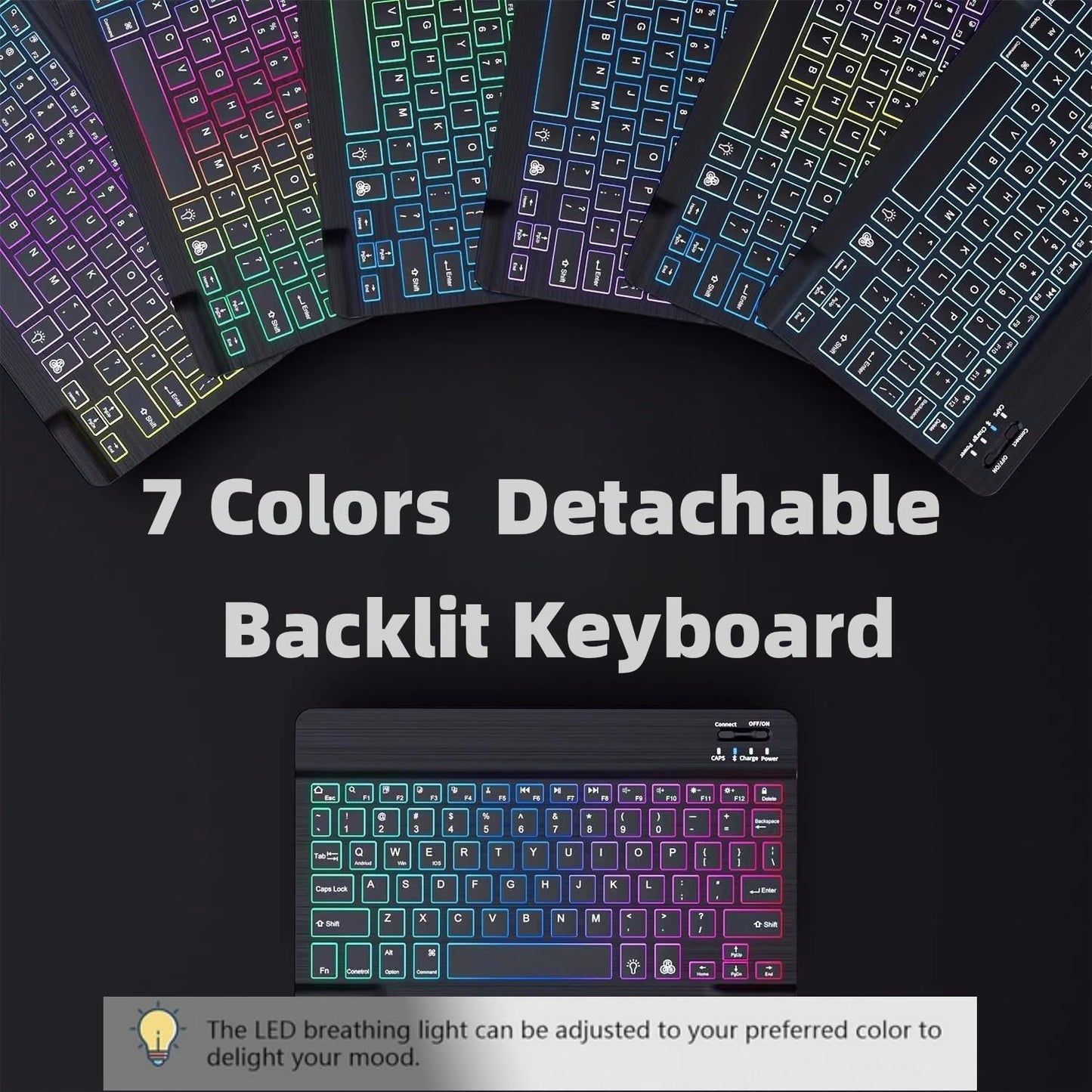 Keyboard Case for Galaxy Tab S10 Lite/ S10 FE/ S9 FE/S9/S8/S7, Slim Lightweight 7 Color Rainbow Backlight Detachable Magnetic Keyboard Cover with S Pen Holder, Mint Green