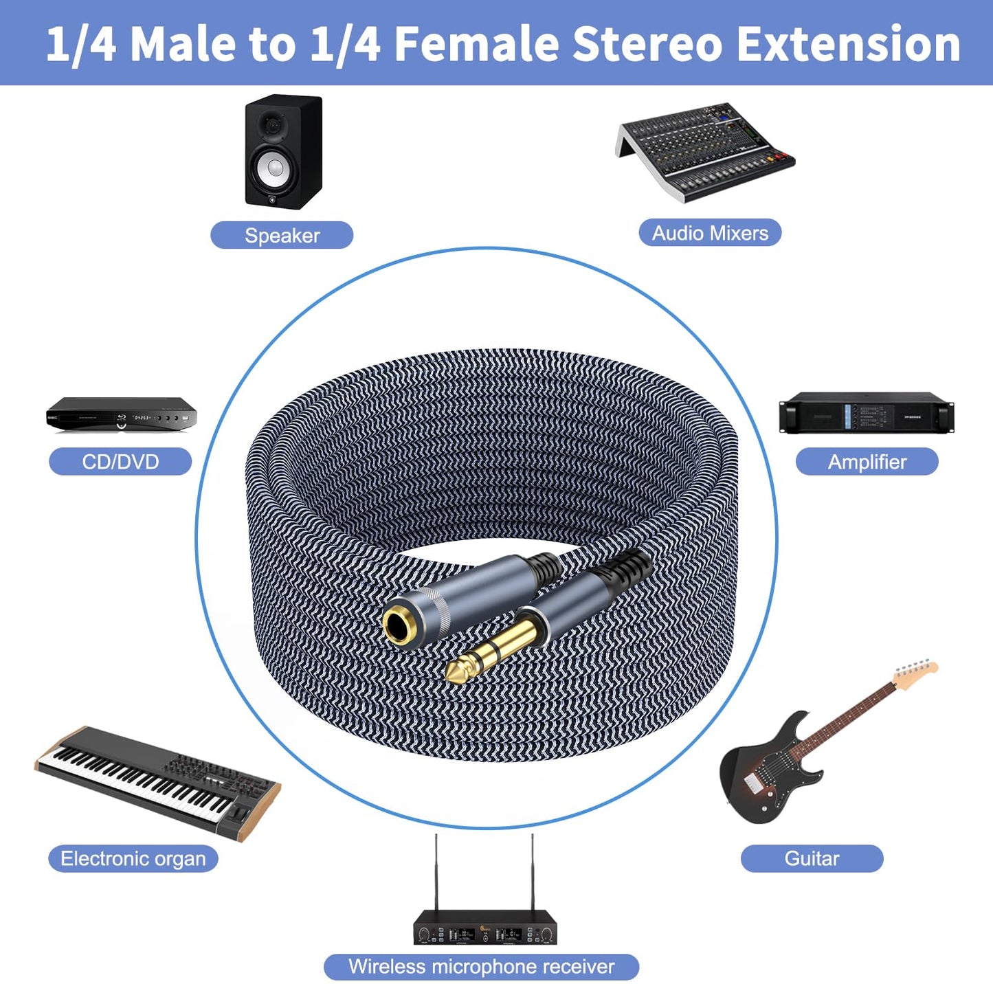 1/4 inch Extension Cable 40ft, 1/4"" inch Male to Female Stereo Headphone Guitar Extension Cable, Quarter inch Headphone Extension Cable, Grey