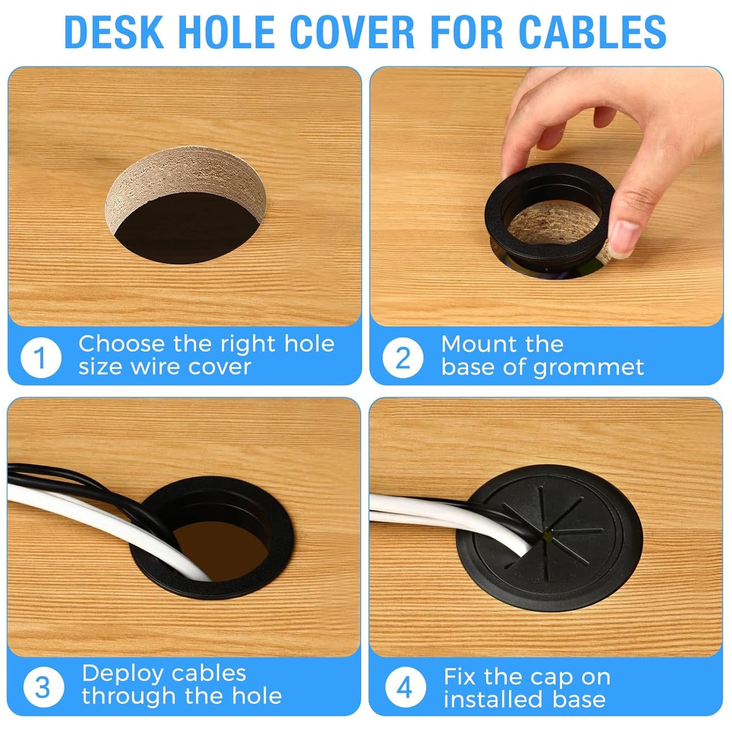Desk Grommet 2" (50 mm), Desk Hole Cover for Cables White and Black, Cable Grommet ABS Plastic, Desk Hole Grommet for Office and Home Table Cable, Flexible Cable Cord Organizer-4 Pcs