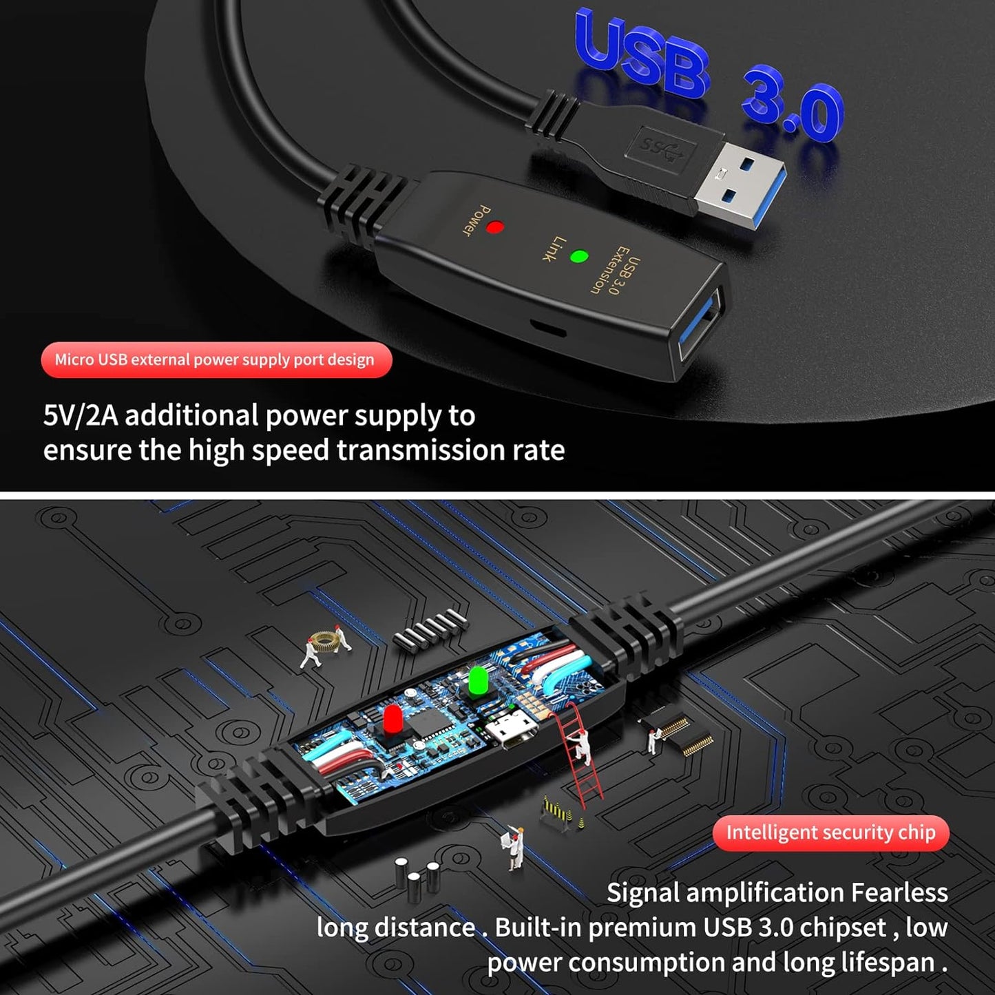 LDKCOK Active USB 3.0 Extension Cable 100ft– Male to Female Extender Cord, USB Extension Cable for USB Flash Drive, Card Reader, Hard Drive, Keyboard, PlayStation, Xbox, VR, Printer, Camera, Laptop