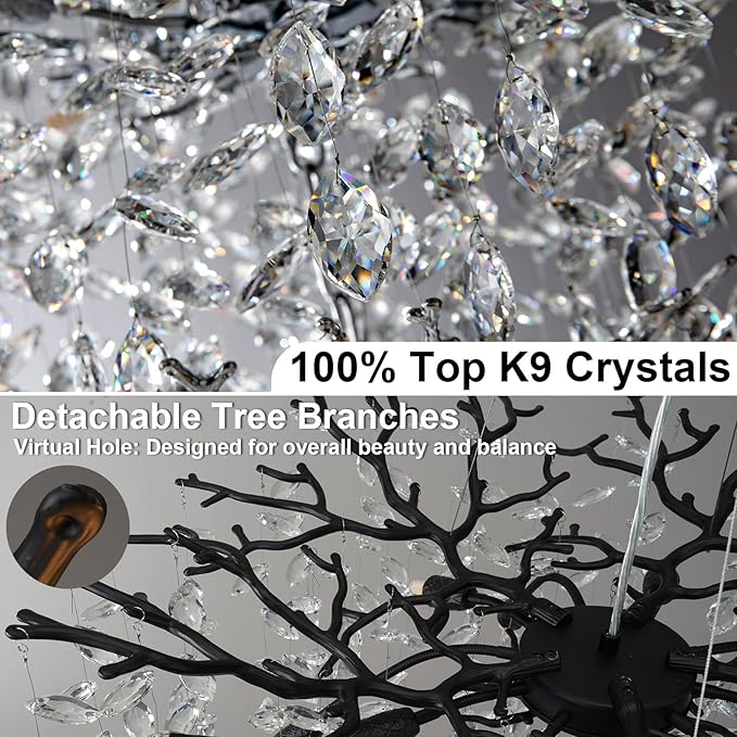 YUYI 30" Black Crystal Chandelier, 10-Light Tree Branch Chandelier for Dining Room, Luxury Round K9 Crystal Raindrop Chandeliers Light Fixture for Living Room Foyer Entryway Bedroom Kitchen