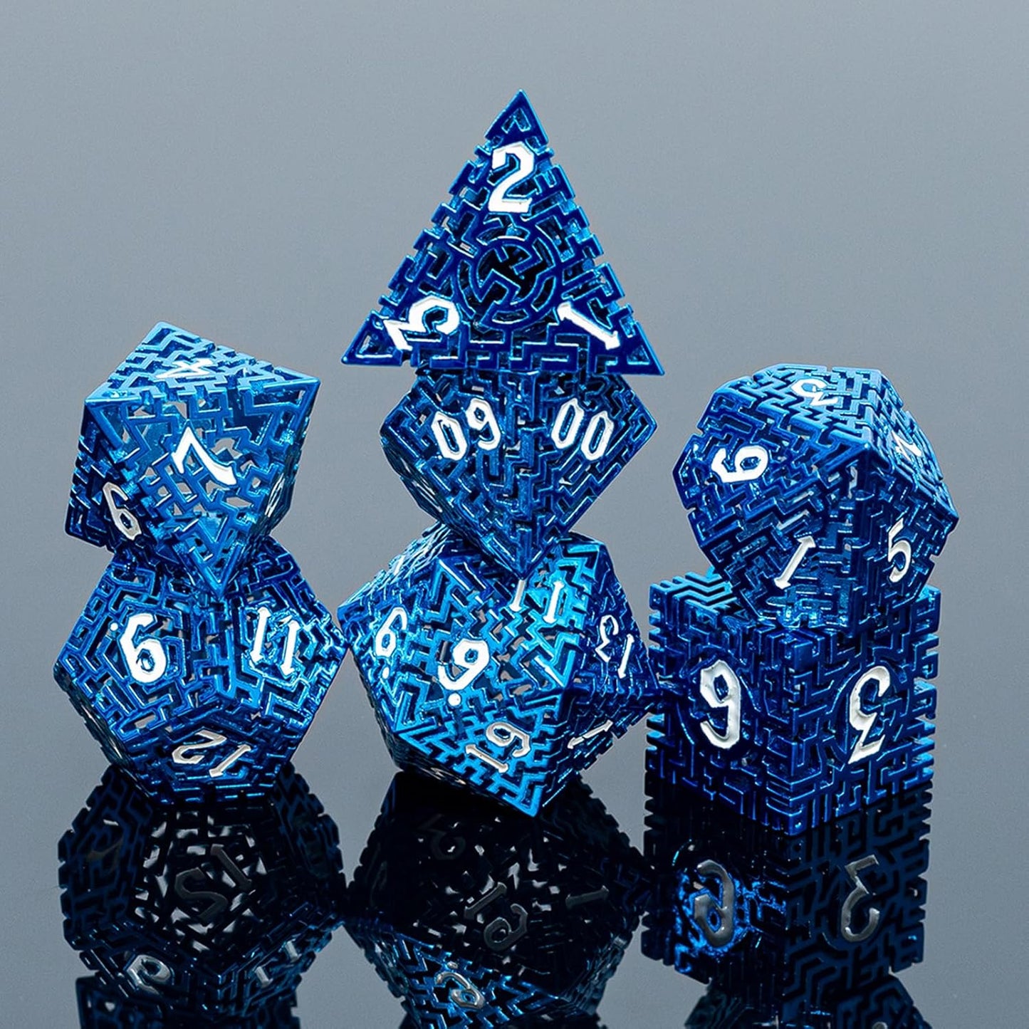 Blue Metal Hollow DND Dice Set (Wizard) Metallic Luster Maze Design with Storage Box - Balanced Weight 7 Piece Zinc Alloy, designed for Dungeons and Dragons DMs and Players RPG Accessories