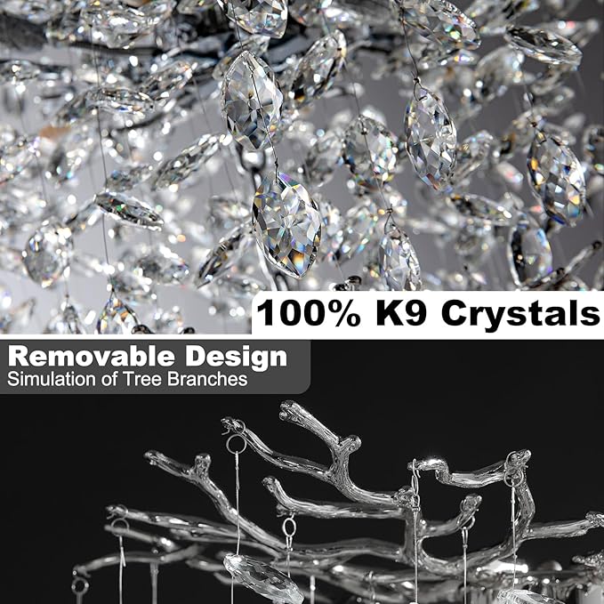 30" Silver Crystal Chandelier, 10-Light Tree Branch Chandelier for Dining Room, Modern Round Chandeliers for Living Room, Foyer, Entryway, Bedroom, Kitchen, Luxury K9 Crystal Raindrop Light Fixture