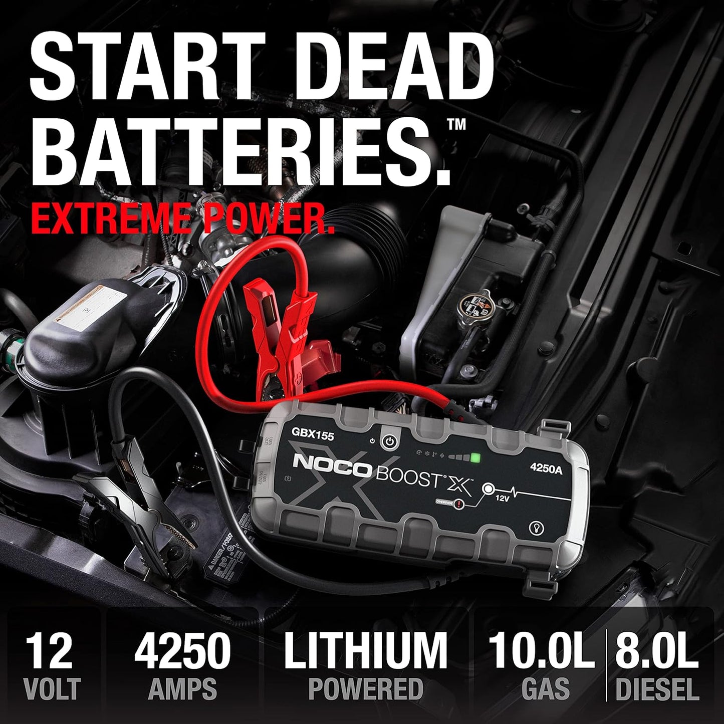 NOCO Boost X GBX155: 4250A UltraSafe Jump Starter – 12V Lithium Battery Booster Pack, Portable Jump Box, Power Bank & Jumper Cables - for 10.0L Gas and 8.0L Diesel Engines