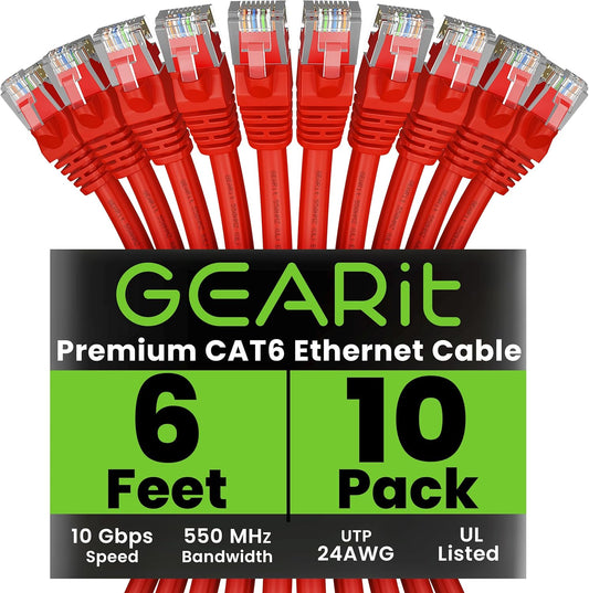 GearIT Cat 6 Ethernet Cable (10-Pack 6 Feet) Cat6 Network Patch, 10Gbps, RJ45, Snagless Cord, Gold-Plated Connectors, Internet for PC, TV, Tablet, Router, Printer, Servers, IT Data Center - Red
