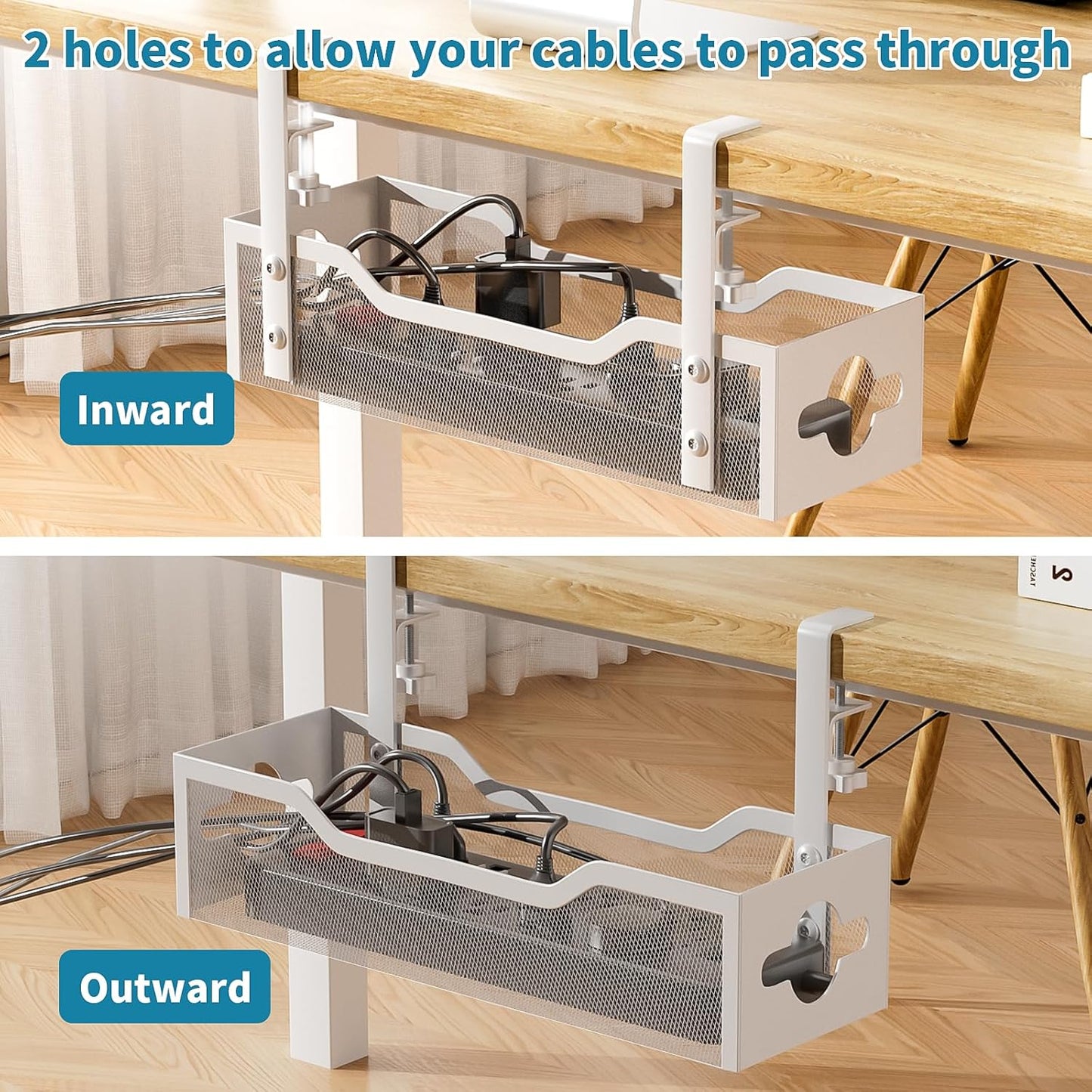 Under Desk Cable Management Tray No Drill, 13.38'' Metal Tray with Clamp for Wire Management, Litwaro Cord Organizer Home Office Damage to Standing Desk, White