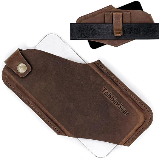 TobbinGear Leather Cell Phone Holster with Belt Clip, Leather Belt Pouch, Universal Phone Case on Belt for Men, Phone Holder for Smartphone, Left Handed, Dark Brown, Large
