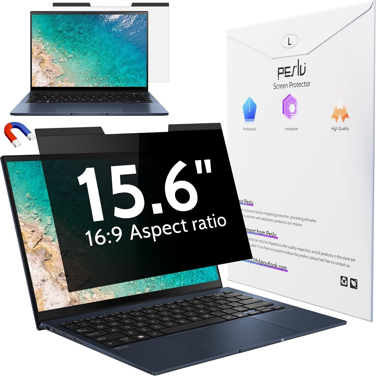 Magnetic Laptop Privacy Screen 15.6 inch for 16:9 Computer Monitor, 15" Removable Anti Glare Protector Blue Light Filter Shield Compatible with Lenovo Hp Dell Acer Asus Thinkpad Envy Xps