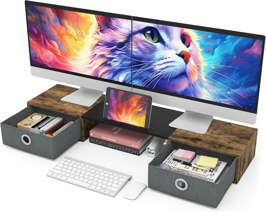 WESTREE Dual Monitor Stand Riser with Two Drawers, Extra Large Storage for 2 Monitors, Desktop Oraganizer Computer,Laptop,Screen,Printer,TV