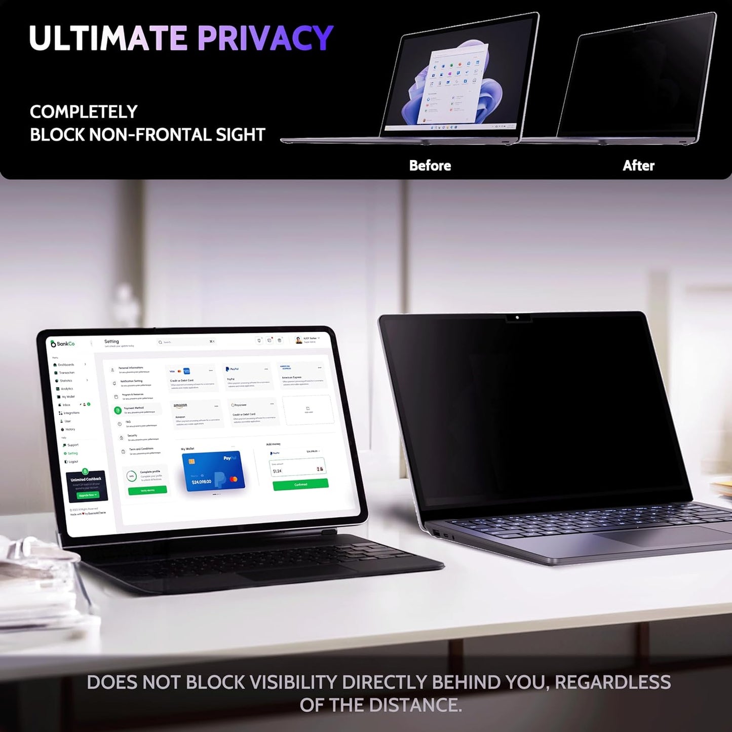 Privacy Screen for 15 Inch Surface Laptop 7, MagicSuction™ Removable Anti Spy Black Protector, Glare Blue Light Filter for Microsoft Laptop Computer Monitor