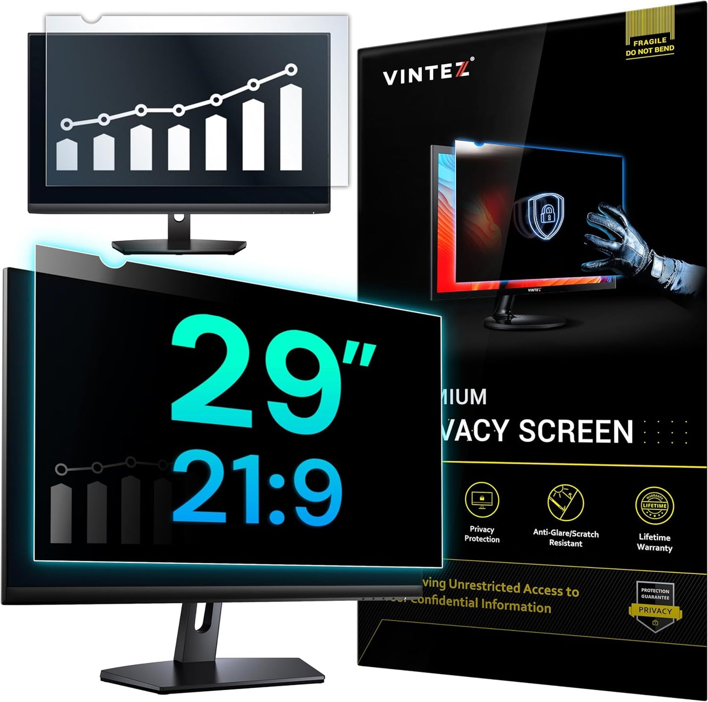 VINTEZ 29 Inch 21:9 Privacy Screen for Computer Monitor and Laptop - Anti Glare Protector Film Blue Light Filter Eye Protection - Computer Screen Privacy Shield, [1 Pack]