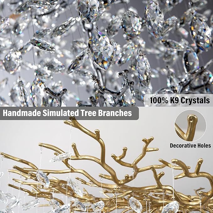 YUYI 23.6" Modern Gold Tree Branch Crystal Chandelier, 8-Light Round Raindrop Pendant Lighting for Dining Room Living Room Bedroom Kitchen Foyer Entryway, Luxury K9 Crystal Statement Light Fixture