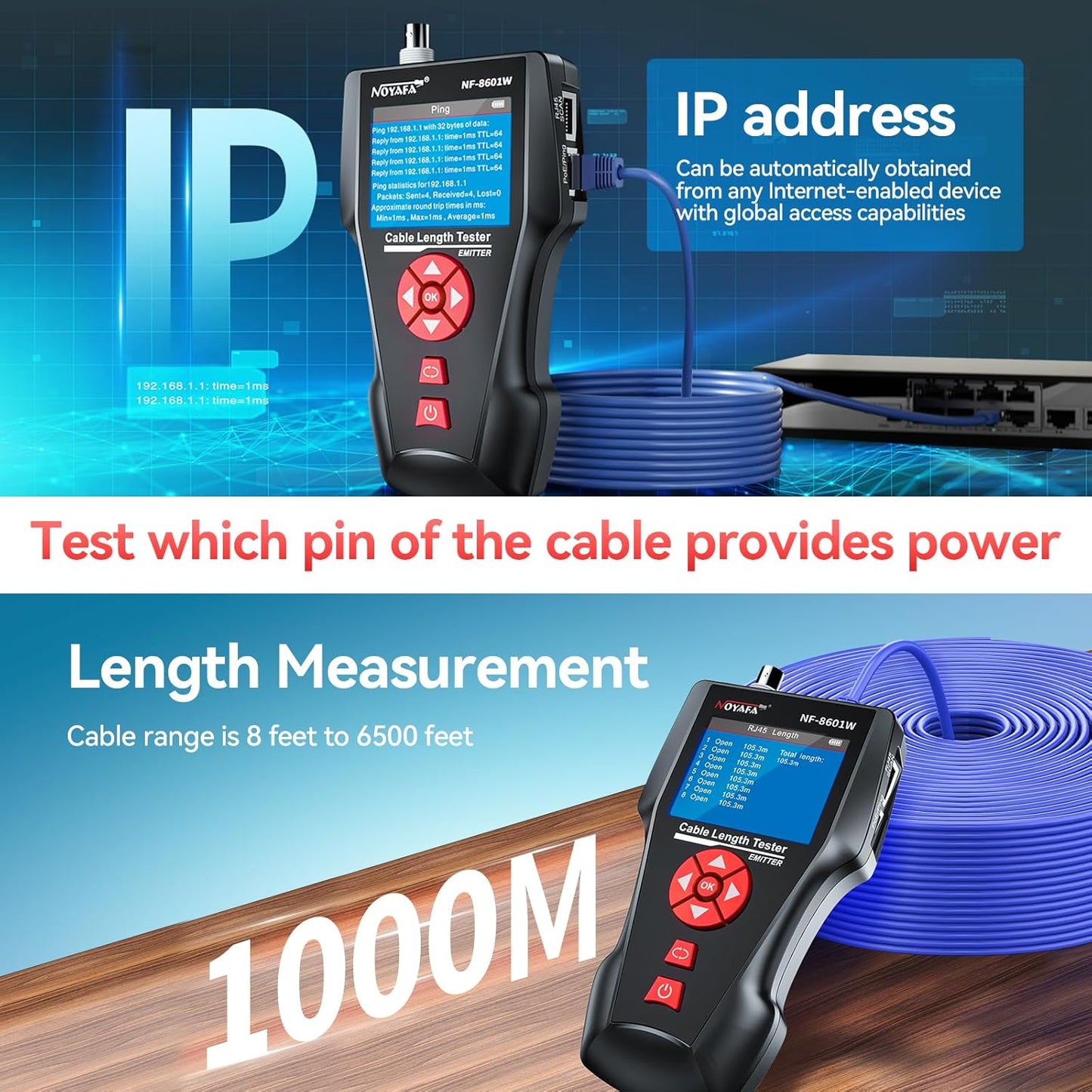 NOYAFA NF-8601W Network Cable Tester,LAN Ethernet Cable Tester RJ45 UTP STP Diagnose Tone Tracer Network Cable Length Tester for RJ45, RJ11, BNC, PING/POE 8 Identifier Telephone Wire Tracker