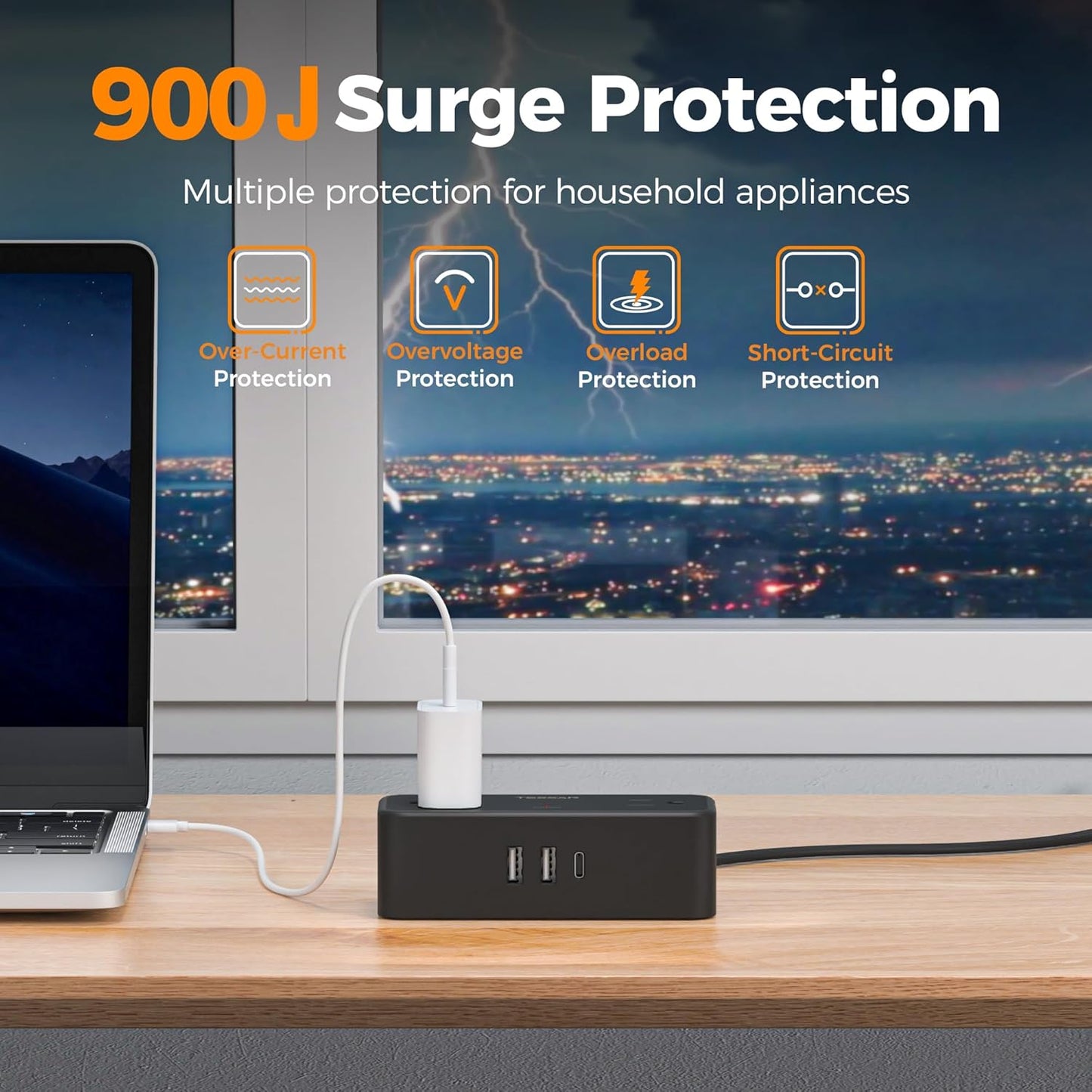 Black Extension Cord 10 Ft, TESSAN Power Strips with Surge Protection 900J with 4 Wide Spaced AC Outlets 3 USB Ports(1 USB C), Extension Cord with Multiple Outlets for Home Office Dorm Room