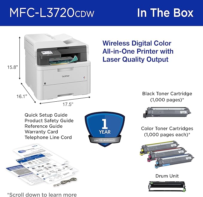 Brother MFC-L3720CDW Wireless Color Laser Printer with Scanner, Copier & Fax | Auto Duplex & 250-Sheet Capacity | Refresh Subscription Trial(1). Amazon Dash Replenishment Ready. (Renewed Premium)